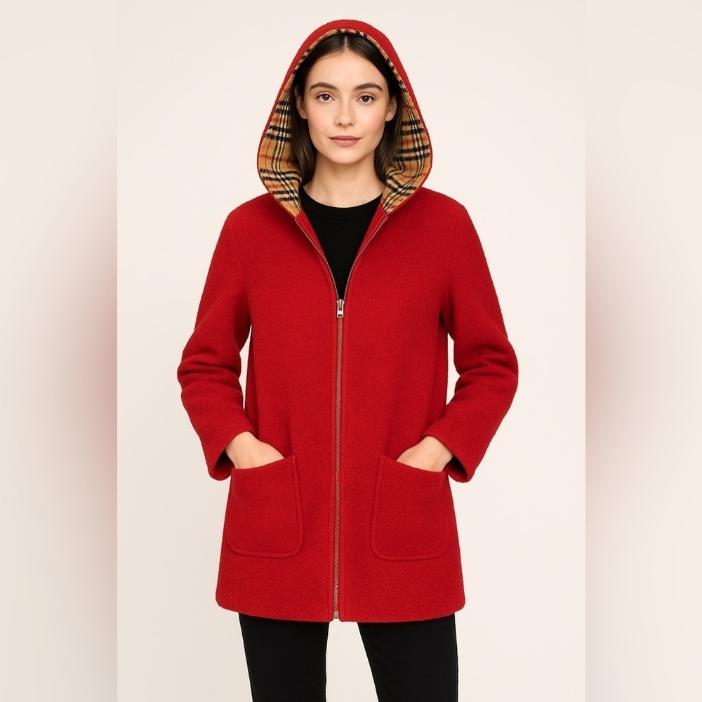 Sandro Paris Red Boucle Teddy Jacket | Plaid Hood Lining | Women’s Size M